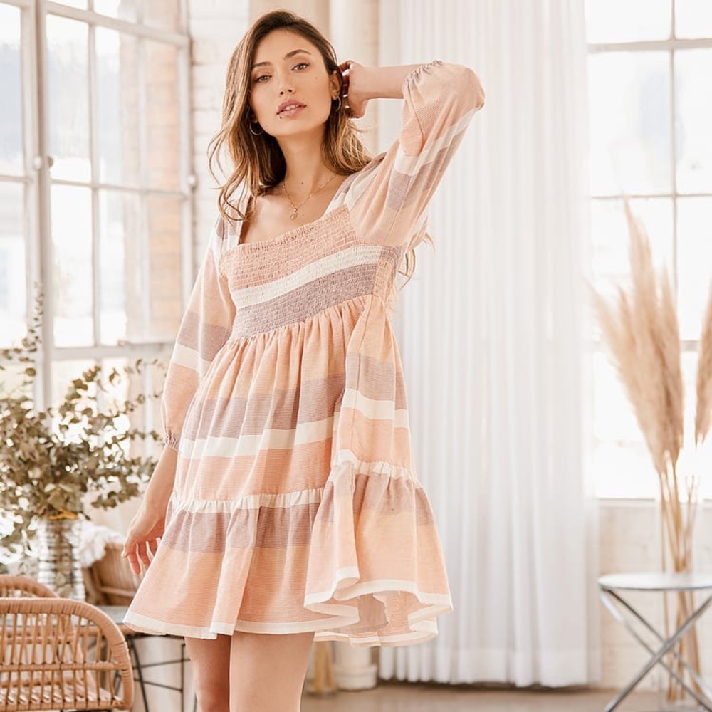 Lulus Way Too Cute Peach Multi Striped Smocked Babydoll Dress